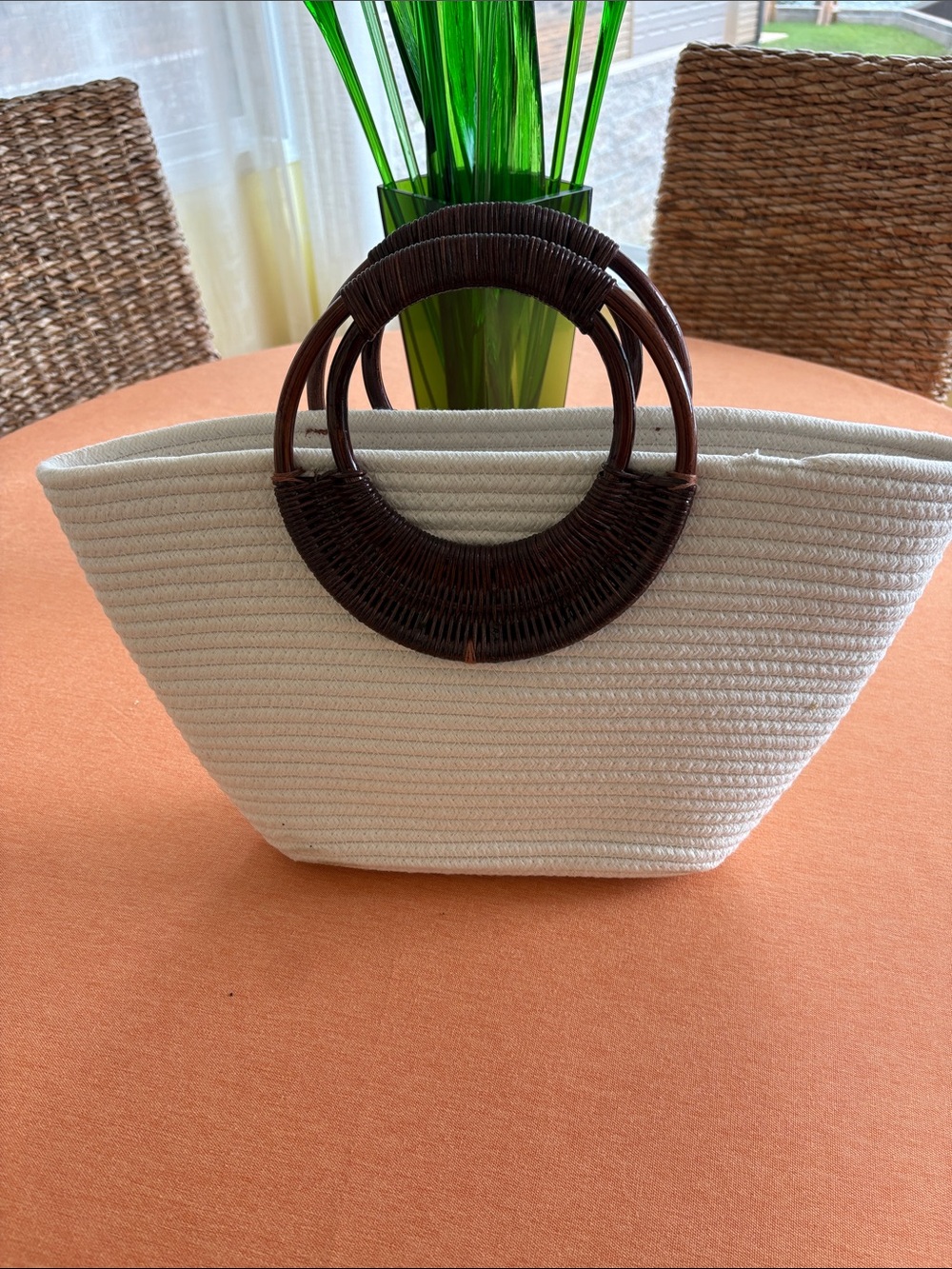 Cream Woven Tote with Dark Wood Ring Handles